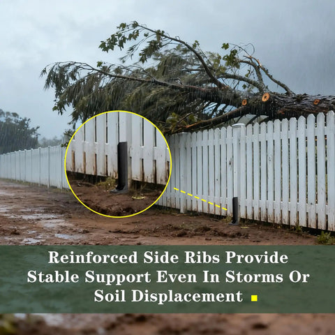 Beefed Up Heavy Duty Fence Post Anchor and Repair Kit stabilizing a tilted wood post in stormy weather with fallen tree debris.