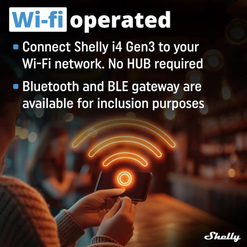 Person holding smartphone with Wi-Fi symbol, promoting I4 Gen3 WiFi Smart 4 Digital Inputs Controller For Relays, Automate Lights Blinds Scenes