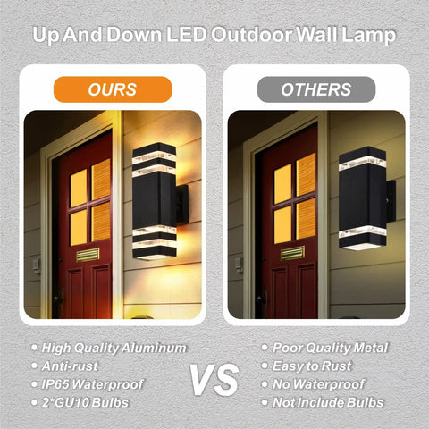 Fresh 4 Pack Outdoor Wall Lights With Up And Down Glow, Solid Black Metal Wall Sconces For Porch Patio Garage, Easy Install Exterior Fixtures That Add Serious Style To Your Everyday Home comparison image.