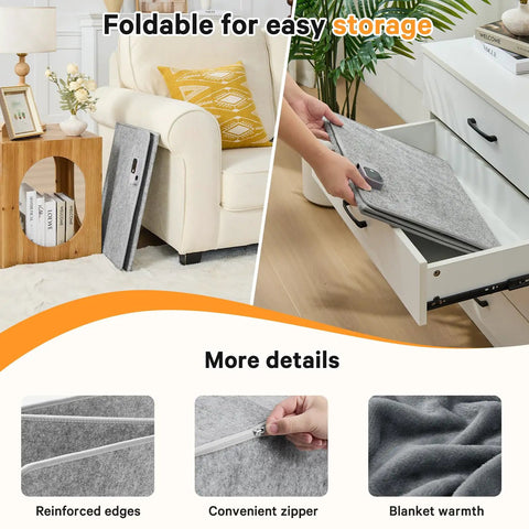 Under Desk Foot And Leg Warmer Space Heater Portable Quiet Personal Heater folded for storage in drawer and next to sofa.