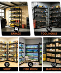 Rock Solid Five Tier Heavy Duty Storage Rack With Thick Mdf Boards And Customizable Spacing For Garage Warehouse And Pantry, shown in garage and tool house settings.