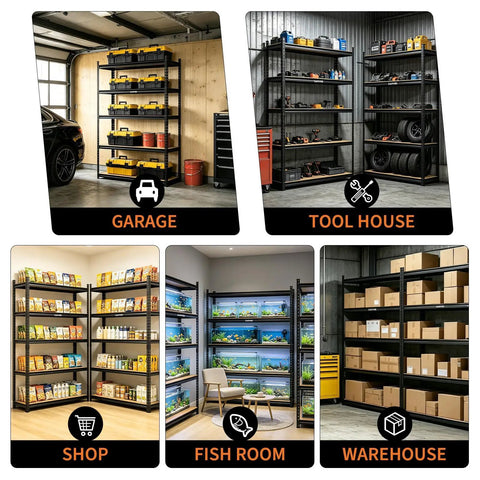 Rock Solid Five Tier Heavy Duty Storage Rack With Thick Mdf Boards And Customizable Spacing For Garage Warehouse And Pantry, shown in garage and tool house settings.