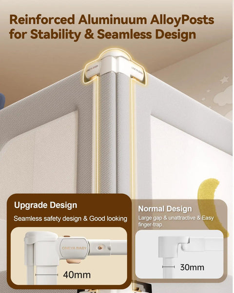 Close-up of reinforced aluminum posts on No Drill King Size Bed Rails For Kids Three Piece Guard with safety design details.