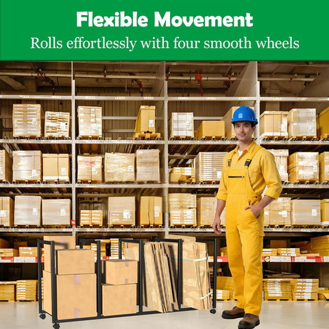 Heavy Duty Cardboard Box Organizer Rack For Shipping And Packing Station with four wheels in warehouse setting.