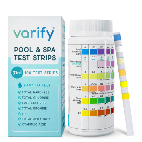 7 In 1 Pool And Spa Test Strips Kit For Easy Water Testing With No Fuss Seven Must Haves Like Chlorine, Bromine, PH, Alkalinity, Hardness, And Cyanuric Acid, 100 Strips For Pools, Spas, Hot Tubs And More with bottle and strip display.