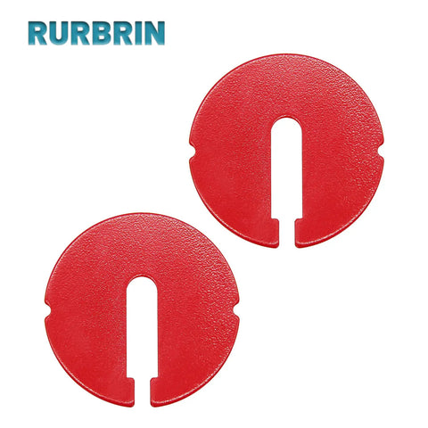 Red table inserts for 14-inch band saws and 24-inch scroll saws, 2-pack, showing 2.5-inch diameter and 0.1-inch thickness, fits multiple brands.