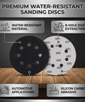 Premium Water-Resistant Sanding Discs featuring 8 holes, silicon carbide abrasive for automotive and DIY use.