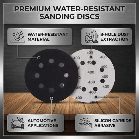 Premium Water-Resistant Sanding Discs featuring 8 holes, silicon carbide abrasive for automotive and DIY use.
