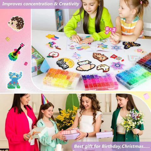 Children using Epic Fuse Beads Kit With 19,200 Beads In 92 Colors, creating crafts with pegboards and patterns at a table.