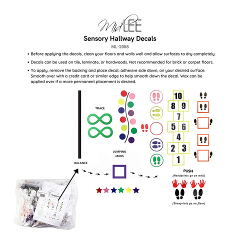 Sensory Hallway Decal Floor And Wall Pack With Nine Sets To Help Kids Move And Focus Get The Wiggles Out ADHD Friendly Movement Path For Home Or Therapy displayed with application instructions.
