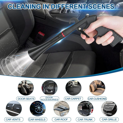 Front view of a black Senduzll Tornado car cleaning gun with aluminum alloy bearing nozzle in use inside a car.