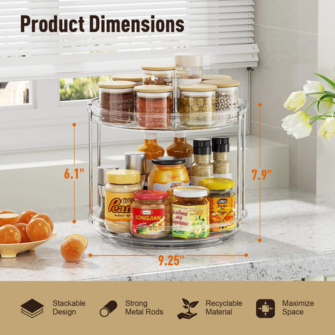 LazySpin two-pack, two-tier clear Lazy Susan organizer with chrome supports; rotating spice rack for kitchen counter