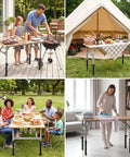 Hella Sturdy 4 Pack Table Leg Extender Adjustable Steel Desk Risers Sets used for grilling, dining, and ironing at various heights.