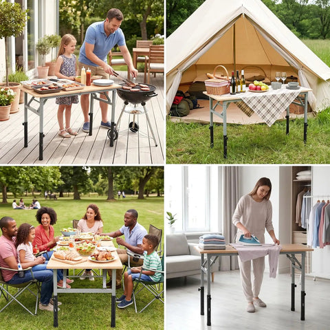 Hella Sturdy 4 Pack Table Leg Extender Adjustable Steel Desk Risers Sets used for grilling, dining, and ironing at various heights.