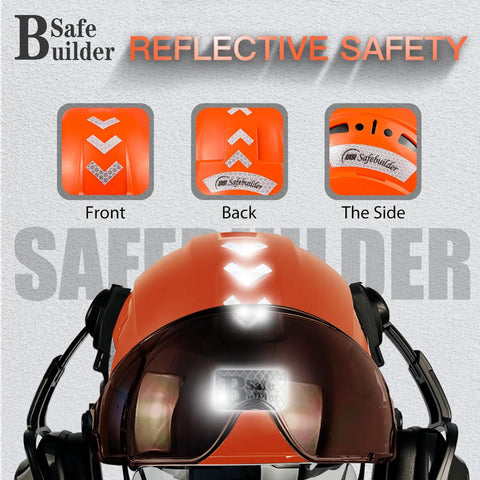 Orange Construction Safety Helmet With Clear And Tinted Visors And Earmuffs Hearing Protection, Six Point Suspension, Adjustable Head Size 53 To 63 Cm