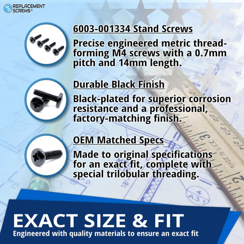 Top Shelf Replacement TV Stand Screws Compatible With Samsung 6003-001334 Metric Self Tapping Black Machine Fasteners showing M4 screws with specs.