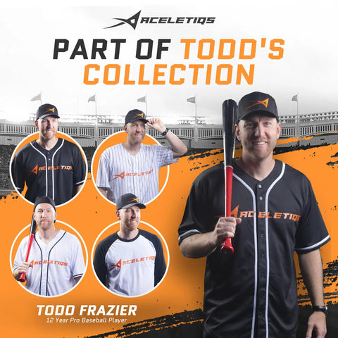 Man in baseball jersey holding bat, with portraits showcasing different apparel from Todd's collection, stadium background.