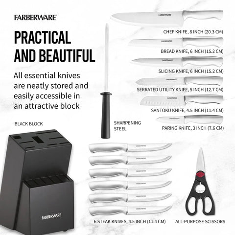Gotta Have This Knockout 15 Piece Kitchen Knife Set Featuring Hella Sharp High Carbon Stainless Steel Blades Smooth Wooden Block Ergonomic Handles Steak Knives And Utility Shears in black storage block.