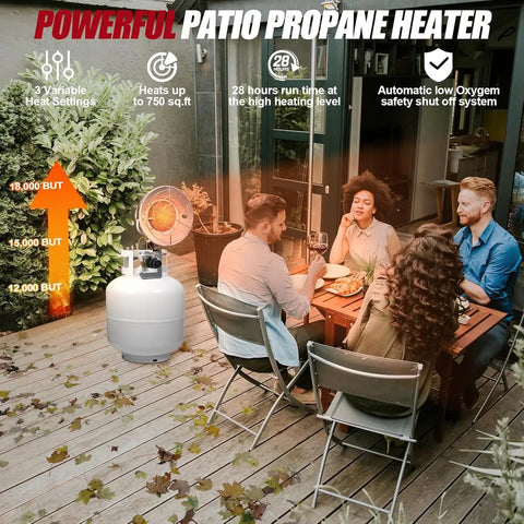 12,000 To 18,000 BTU Propane Heater For Outdoor Use With Tank Top Portable Design beside outdoor dining setup