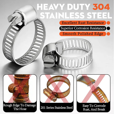 Beefy 210 Piece Worm Gear Hose Clamps Assortment Kit One Quarter Inch To Two Inch Six To Fifty One Millimeters 304 Stainless Steel Adjustable Band Clamps For Auto Fuel Lines Coolant Hoses Plumbing Marine And Industrial featuring heavy duty 304 stainless steel clamps with rust and corrosion resistance.