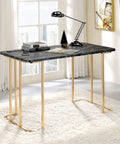 Adjustable Standing Computer Desk With Built Storage And Power Port, Sleek Faux Marble Work Table For Home Office with gold metal frame.