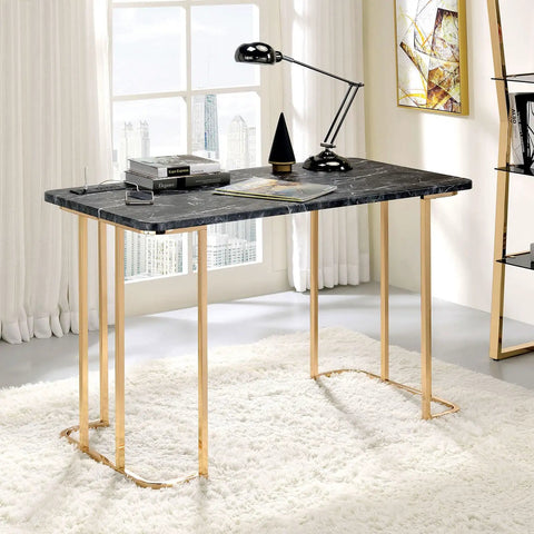 Adjustable Standing Computer Desk With Built Storage And Power Port, Sleek Faux Marble Work Table For Home Office with gold metal frame.