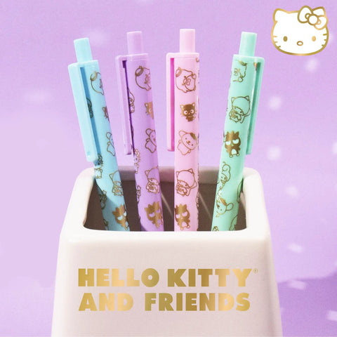 Kawaii Sanrio Pen Set With Four Color Ballpoint Pens Featuring My Melody And Kuromi Glitter Gold Foil Accents in a holder