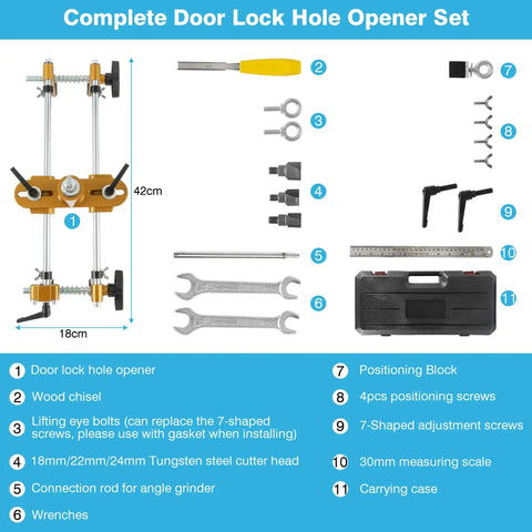 Complete Door Lock Hole Opener Set with Mortise Lock Jig Kit for Wooden Doors, tungsten steel cutter blades, and accessories.