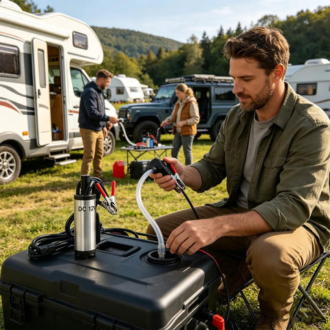 Heavy Duty Portable Oil Transfer Pump With Multi Purpose Fluid Dispensing For Gas, Diesel And Water Moving In Garage Or Outdoors To Keep Your Shop Running Smooth Without Any Hassle Or Stoppage in use at a camping site.