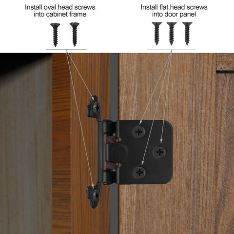 Rock Solid Matte Black Cabinet Hinges Featuring A Nifty 1/2 Inch Overlay Design With Self Closing Action shown with installation instructions.