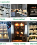Linkable Under Cabinet LED Lights 12V Slim Aluminum Puck Lamps lit in shelves, kitchen cabinets, bedroom, and display cases