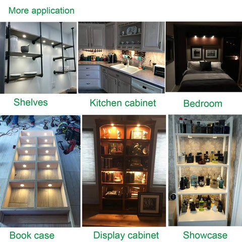 Linkable Under Cabinet LED Lights 12V Slim Aluminum Puck Lamps lit in shelves, kitchen cabinets, bedroom, and display cases