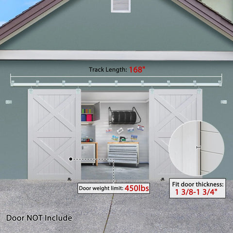 Exterior Sliding Barn Door Hardware Kit for Double Doors, 14ft Heavy Duty Track System, installed on garage, silver galvanized steel