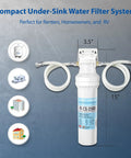 Compact under-sink water filtration system diagram with USA made filter; includes measurements and usage icons for home and RV.