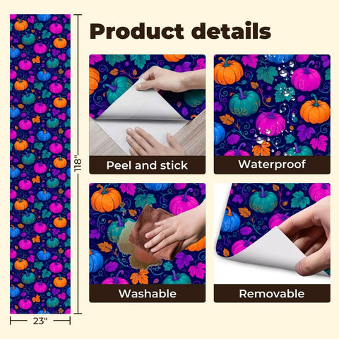 Pumpkin Botanical Instant Peel And Stick Wallpaper Removable Self Adhesive Wallcovering with product details and dimensions.