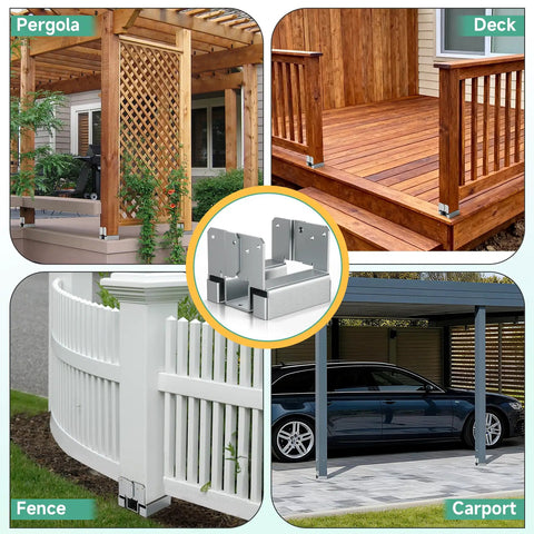 Four images show Six Pack 4x4 Post Bases For Concrete And Wood Posts Galvanized Post Anchors for decks, pergolas, fences, gazebos.