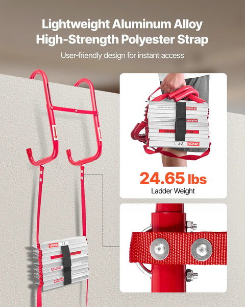 Grab And Go Emergency Fire Escape Ladder For Homes And Apartments, 5 To 6 Story 50 Foot Retractable Aluminum Alloy Ladder With Wide Anti Slip Rungs, Durable Polyester Strap, Lightweight And Ready To Deploy, Supports Up To 1000 Lbs. red aluminum ladder with 50ft polyester strap and 24.65 lbs weight