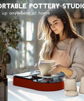 Woman using Pottery Wheel Kit For Beginners Kids Teens And Adults With 6 Inch Turntable Two Way Rotation And Two Point Two Pound Clay Includes Complete Art Supplies Sculpting Tools Paints Brushes Palette Sponge Bats And Gift Ready Red