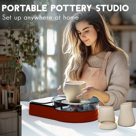Woman using Pottery Wheel Kit For Beginners Kids Teens And Adults With 6 Inch Turntable Two Way Rotation And Two Point Two Pound Clay Includes Complete Art Supplies Sculpting Tools Paints Brushes Palette Sponge Bats And Gift Ready Red