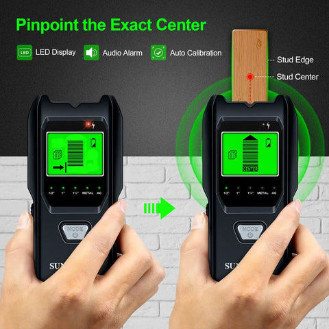 5 In 1 Stud Finder Wall Scanner with Audio Alarm and HD LCD Display showing stud detection on wall