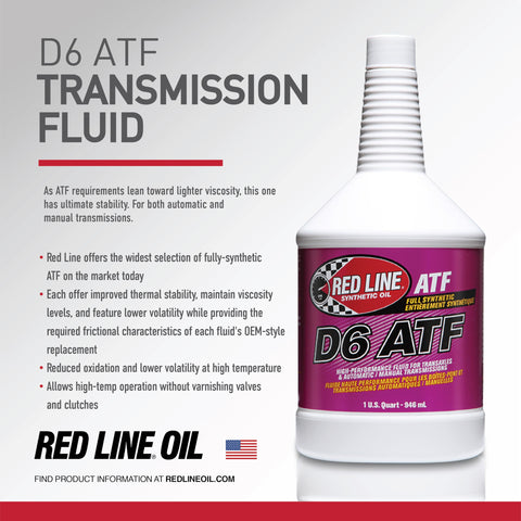 Full Synthetic D6 ATF For Automatic Transmissions With High Temp Stability And Low Oxidation Keeps Your Trans Shifting Smooth And Clutches Happy Maintains Viscosity And OEM Friction Characteristics One Quart. bottle