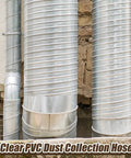 Metal ductwork system attached to a brick wall; not the Beefy Heavy Duty 4 Inch 40 Foot PVC Dust Collection Hose For Vacuum Dust Debris And Fume Extraction Clear Flexible Puncture Resistant Vacuum Hose For Woodworking Equipment And Filtration Systems.