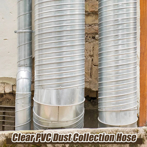Metal ductwork system attached to a brick wall; not the Beefy Heavy Duty 4 Inch 40 Foot PVC Dust Collection Hose For Vacuum Dust Debris And Fume Extraction Clear Flexible Puncture Resistant Vacuum Hose For Woodworking Equipment And Filtration Systems.
