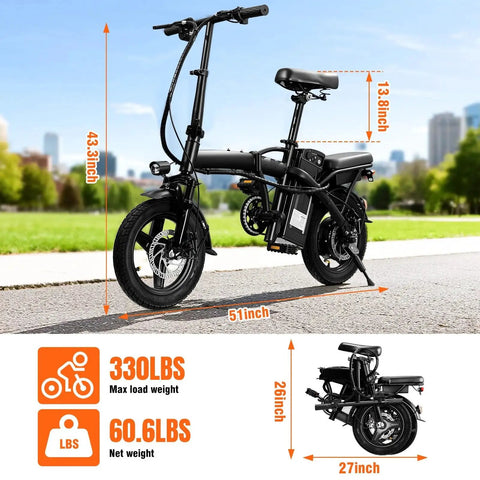 Foldable Electric Bike For Adults And Teens, Hits 23 MPH With Pedal Assist, 38 Mile Range, Powerful 500W Motor, 48V 12Ah Battery, 14 Inch Folding Ebike, 3 Speed Modes, City Commuter Ready, folded black frame