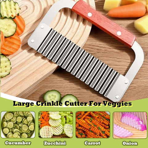 FANTEXY crinkle cutter with red wooden handle and metal blade for slicing potatoes and veggies.