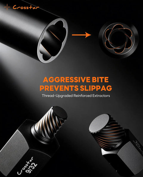 Close-up view of the 25 Piece Bolt Extractor Kit With Beast Bite No Slip, showing thread-upgraded reinforced extractors.