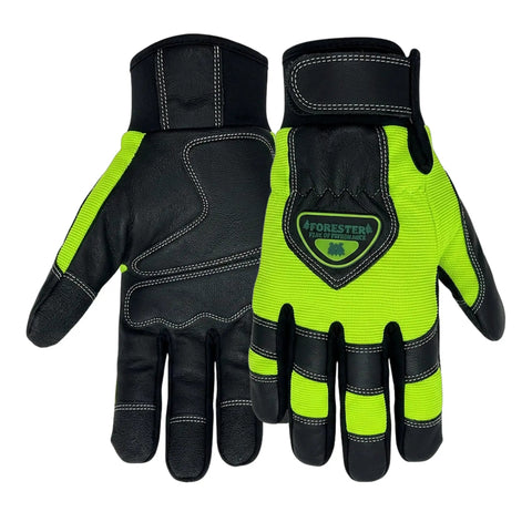 Hi-Vis Chainsaw Gloves With Anti-Vibration Padding And Cut-Resistant Kevlar Leather For Tree Cutting, Logging And Heavy Duty Woodworking, Comfortable Safety Gloves For Large Hands, shown front and back view, green and black leather design.