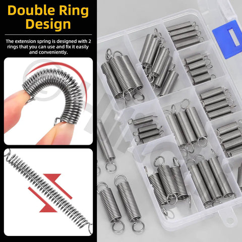 60 Piece Extension Spring Kit With 12 Sizes Stainless Steel Assortment For Repairs And Maintenance image showing springs in box.