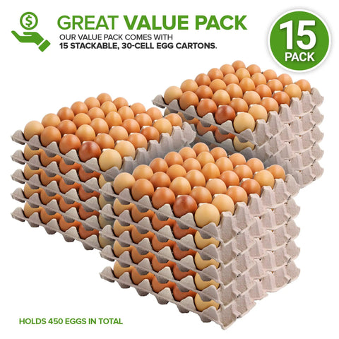 Must-Have 30-Cell Egg Crates 15 Pack Recyclable Pulp Fiber Egg Flats stacked with eggs, showcasing packaging and storage use.