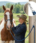 Woman using Two Pack Magnetic Horse Tie Ring Set With Stainless Steel Rings, Eye Bolt, And Quick Snap on a horse in stable